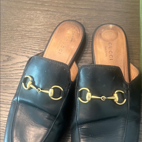 Gucci Black Leather Mules with Gold Accents - Picture 3 of 4